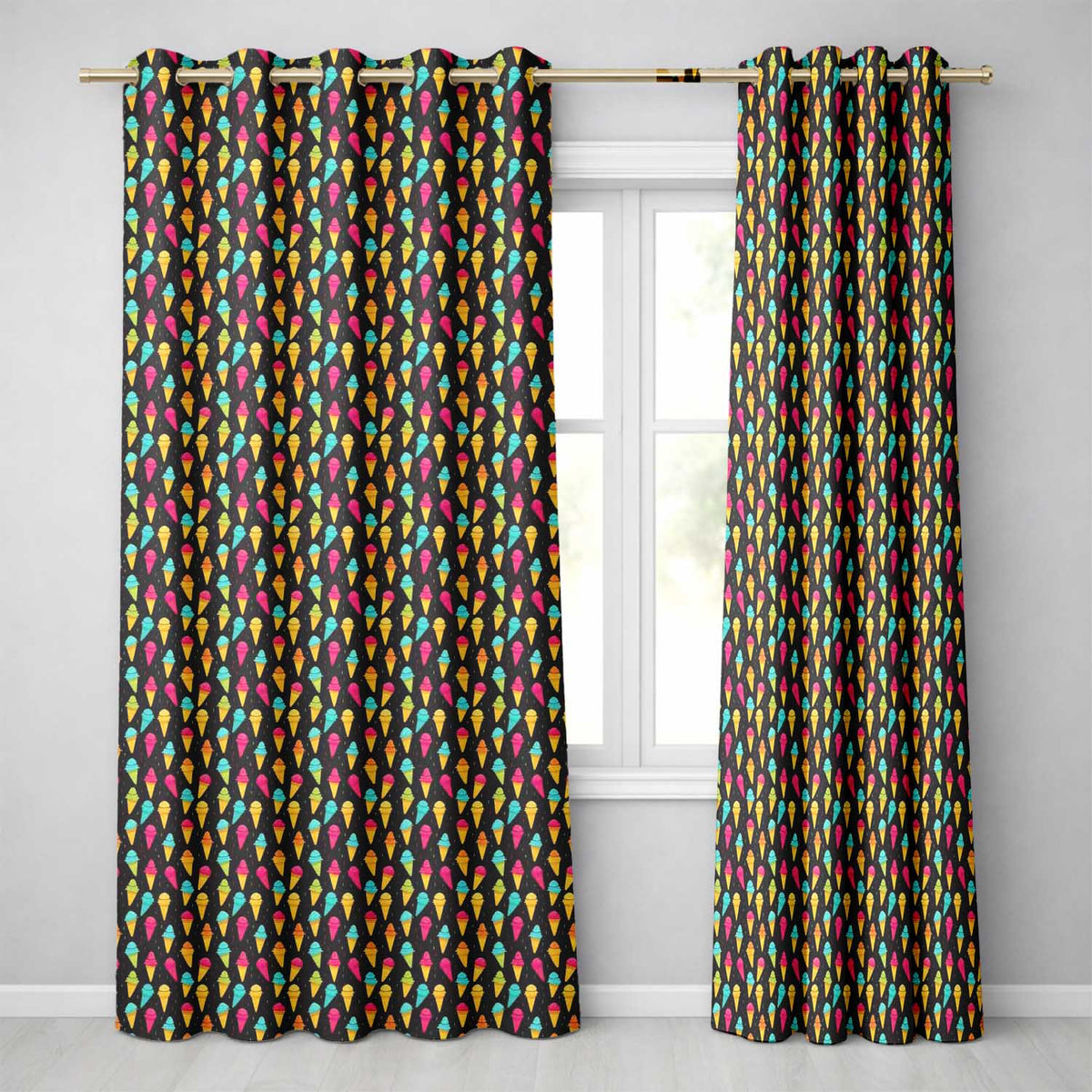 Bright Neon Ice Cream Cones on Black Fun Pop Art Dessert Seamless  Readymade Eyelet Ring Top Thermal 100% Blackout Curtains