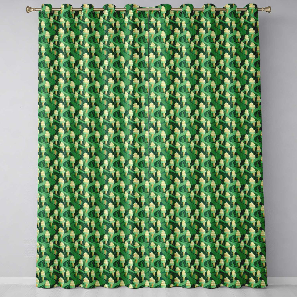 Abstract Green Swirl Background with Vanilla Ice Cream Cones Modern  Readymade Eyelet Ring Top Thermal 100% Blackout Curtains