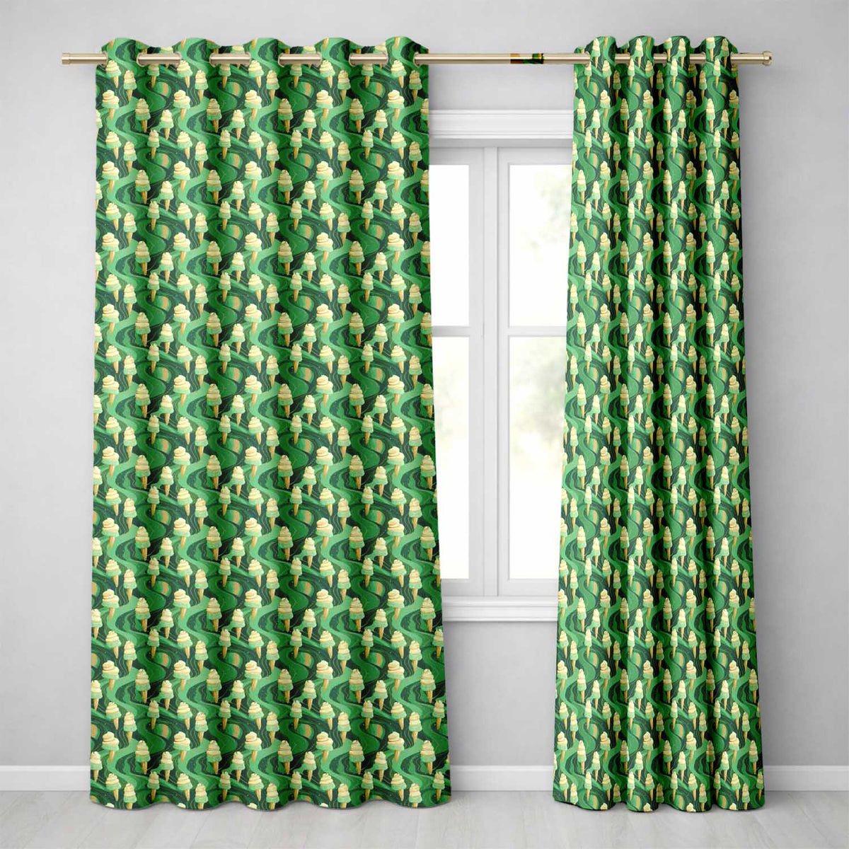 Abstract Green Swirl Background with Vanilla Ice Cream Cones Modern  Readymade Eyelet Ring Top Thermal 100% Blackout Curtains