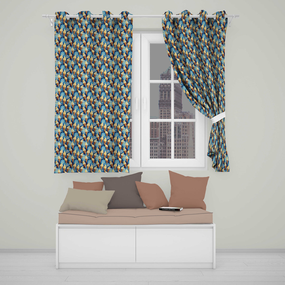 Artistic Ice Cream Cones Over Starry Night Inspired Blue Swirl Background  Readymade Eyelet Ring Top Thermal 100% Blackout Curtains