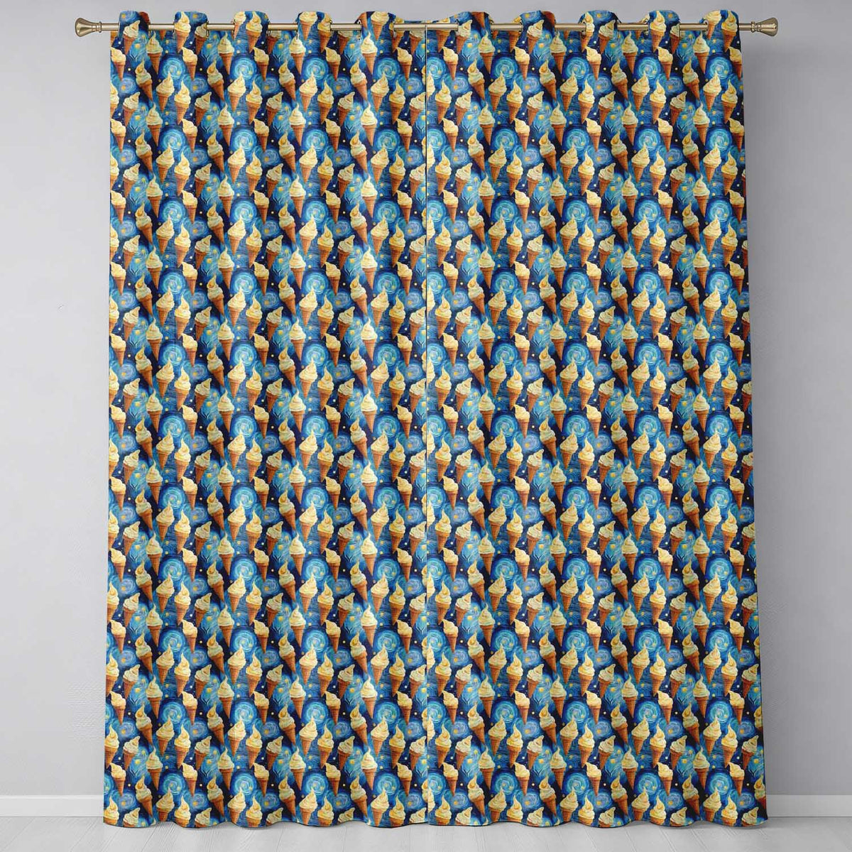 Artistic Ice Cream Cones Over Starry Night Inspired Blue Swirl Background  Readymade Eyelet Ring Top Thermal 100% Blackout Curtains