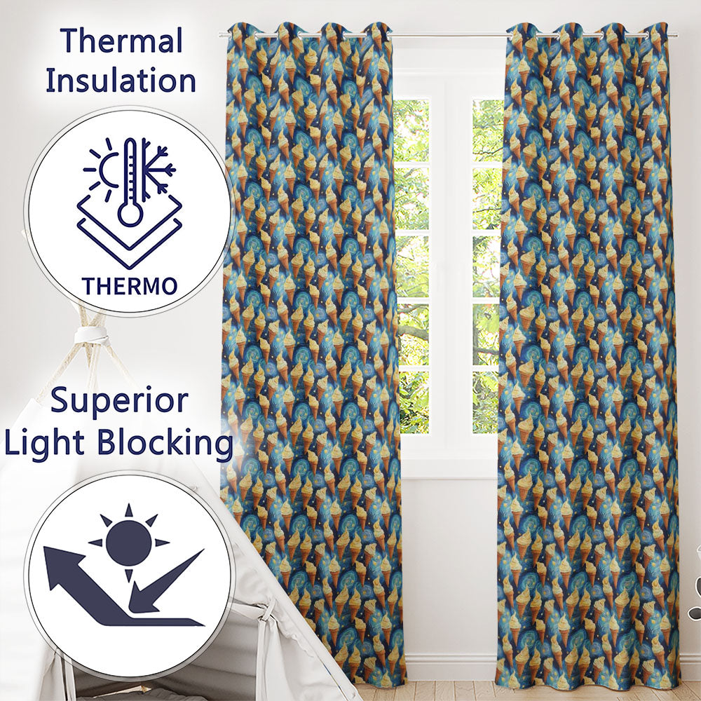Artistic Ice Cream Cones Over Starry Night Inspired Blue Swirl Background  Readymade Eyelet Ring Top Thermal 100% Blackout Curtains