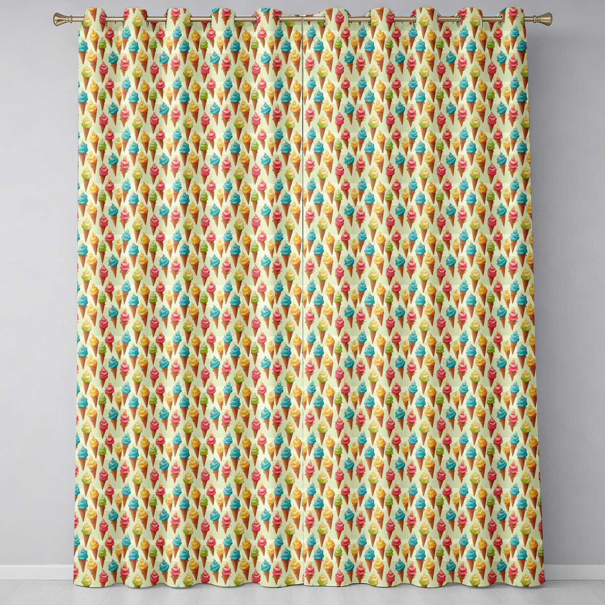 Colourful Ice Cream Cones Scattered on Cream Background Playful Dessert  Readymade Eyelet Ring Top Thermal 100% Blackout Curtains