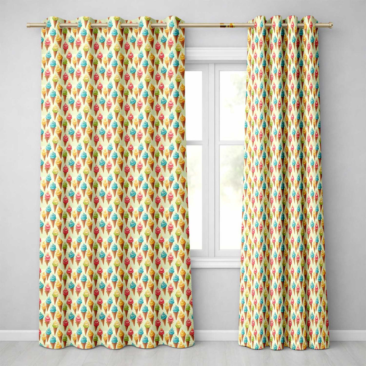 Colourful Ice Cream Cones Scattered on Cream Background Playful Dessert  Readymade Eyelet Ring Top Thermal 100% Blackout Curtains