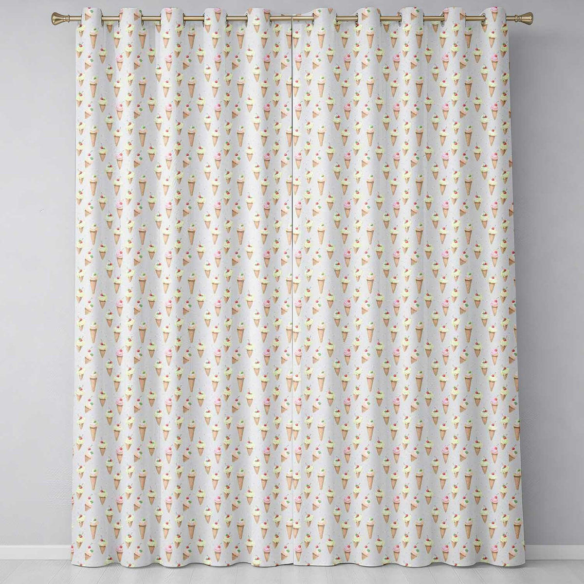 Vintage Style Ice Cream Cones with Cherries on Mint Green Background  Readymade Eyelet Ring Top Thermal 100% Blackout Curtains