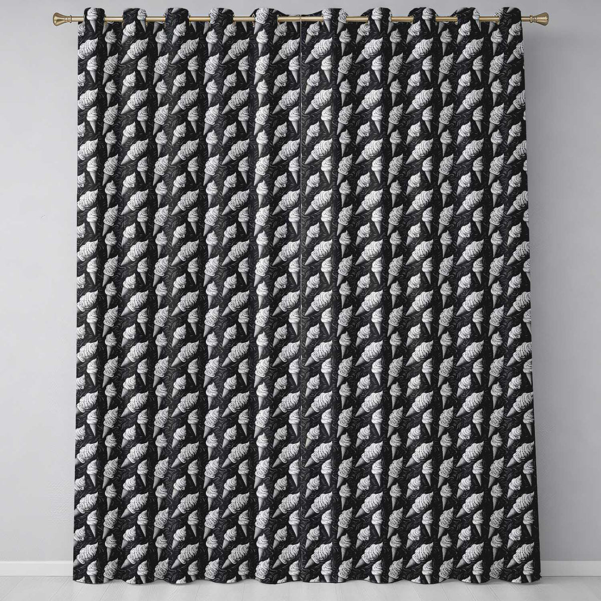 Monochrome Ice Cream Cone  on Black with Swirl Texture Background  Readymade Eyelet Ring Top Thermal 100% Blackout Curtains