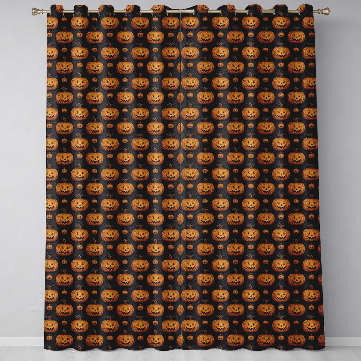 Ornate Halloween Pumpkin Motif with Swirls on Black Background  Readymade Eyelet Ring Top Thermal 100% Blackout Curtains