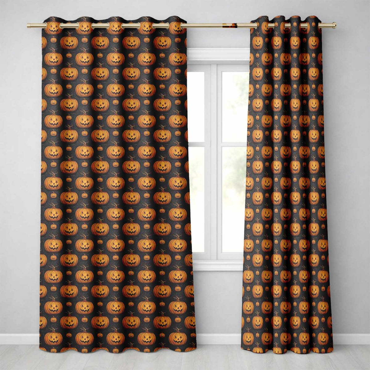 Ornate Halloween Pumpkin Motif with Swirls on Black Background  Readymade Eyelet Ring Top Thermal 100% Blackout Curtains