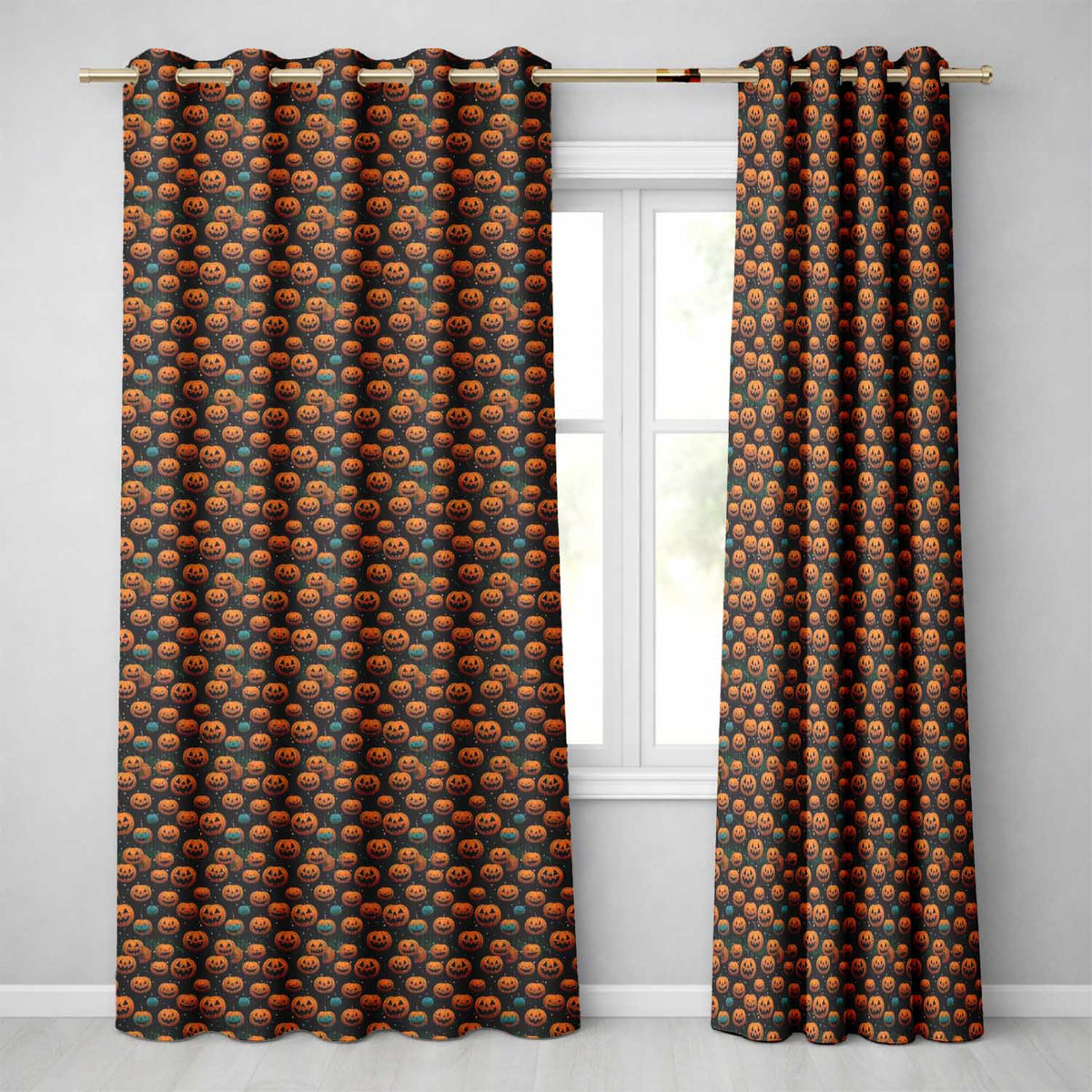 Hanging Pumpkins with Teal Accents on Dark Striped Background  Readymade Eyelet Ring Top Thermal 100% Blackout Curtains