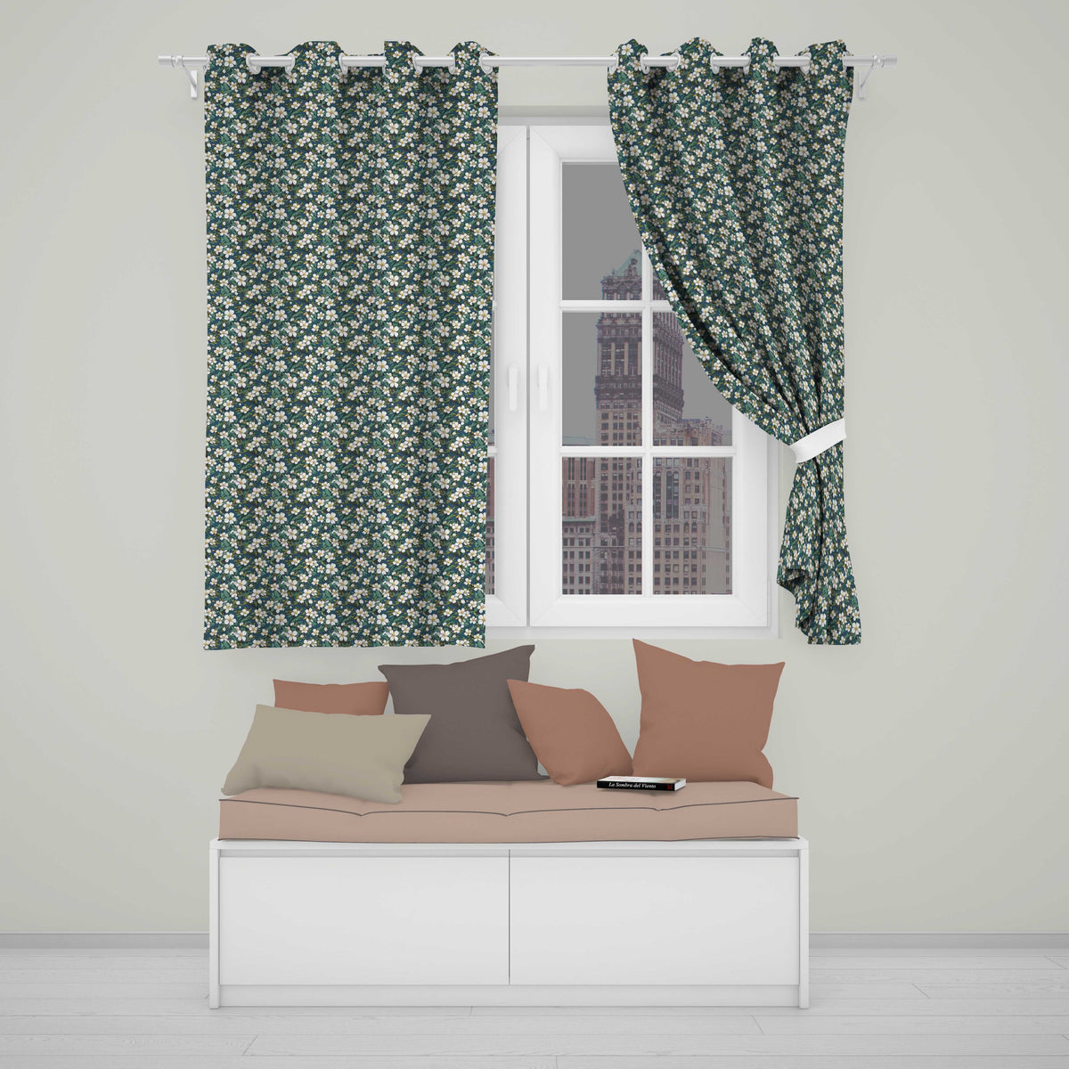 Teal Background White Floral Botanical  with Detailed Leaves  Readymade Eyelet Ring Top Thermal 100% Blackout Curtains