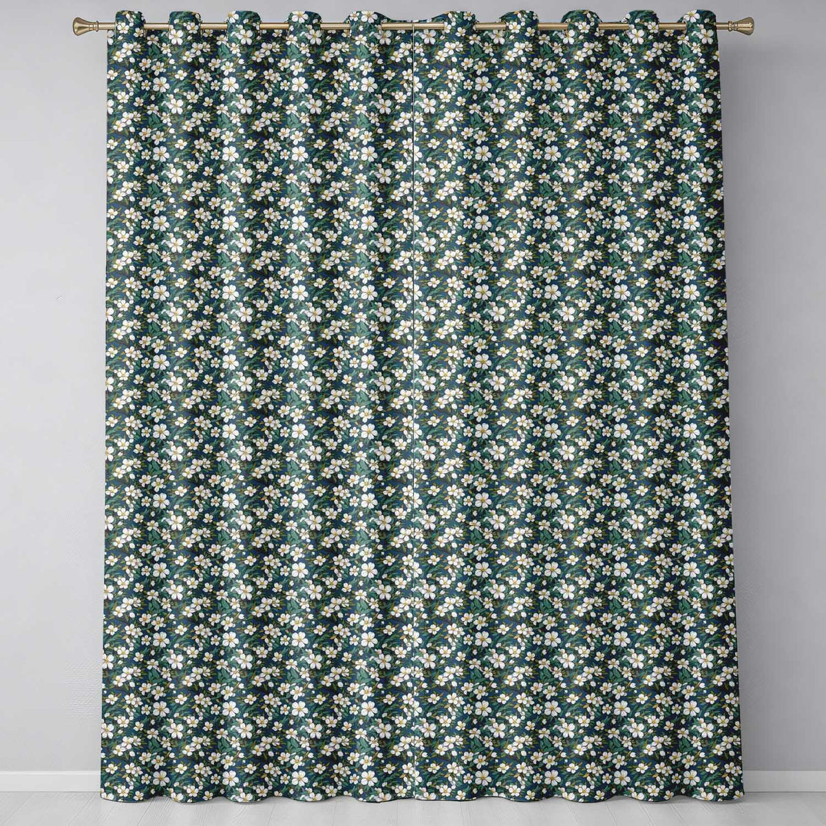 Teal Background White Floral Botanical  with Detailed Leaves  Readymade Eyelet Ring Top Thermal 100% Blackout Curtains