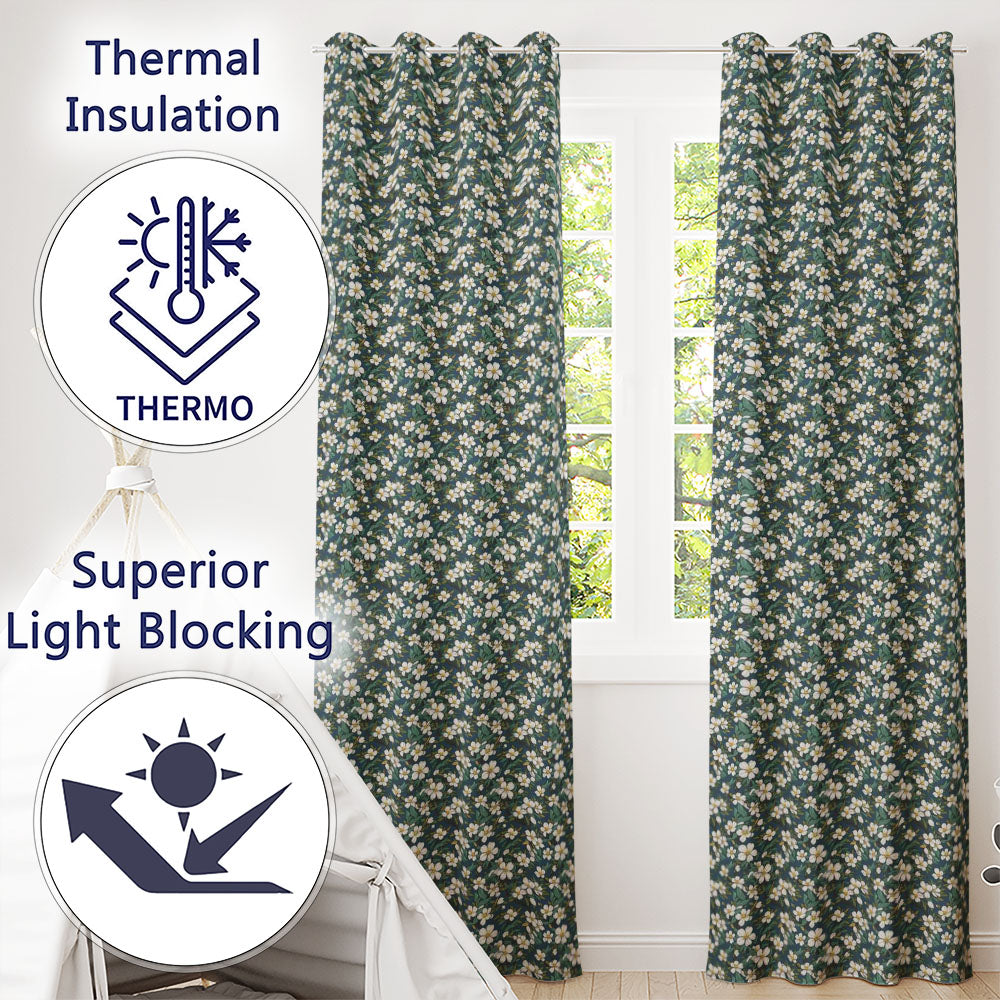 Teal Background White Floral Botanical  with Detailed Leaves  Readymade Eyelet Ring Top Thermal 100% Blackout Curtains