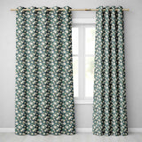 Teal Background White Floral Botanical  with Detailed Leaves  Readymade Eyelet Ring Top Thermal 100% Blackout Curtains