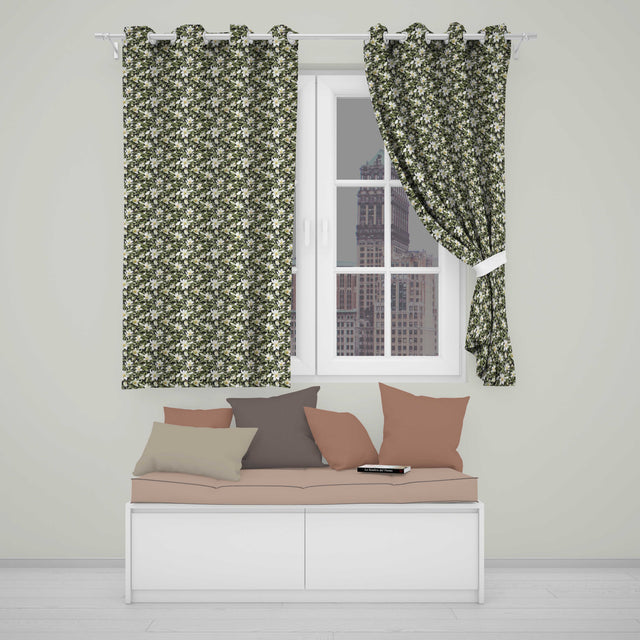 Dark Background Magnolia Style White Flowers with Green Foliage  Readymade Eyelet Ring Top Thermal 100% Blackout Curtains