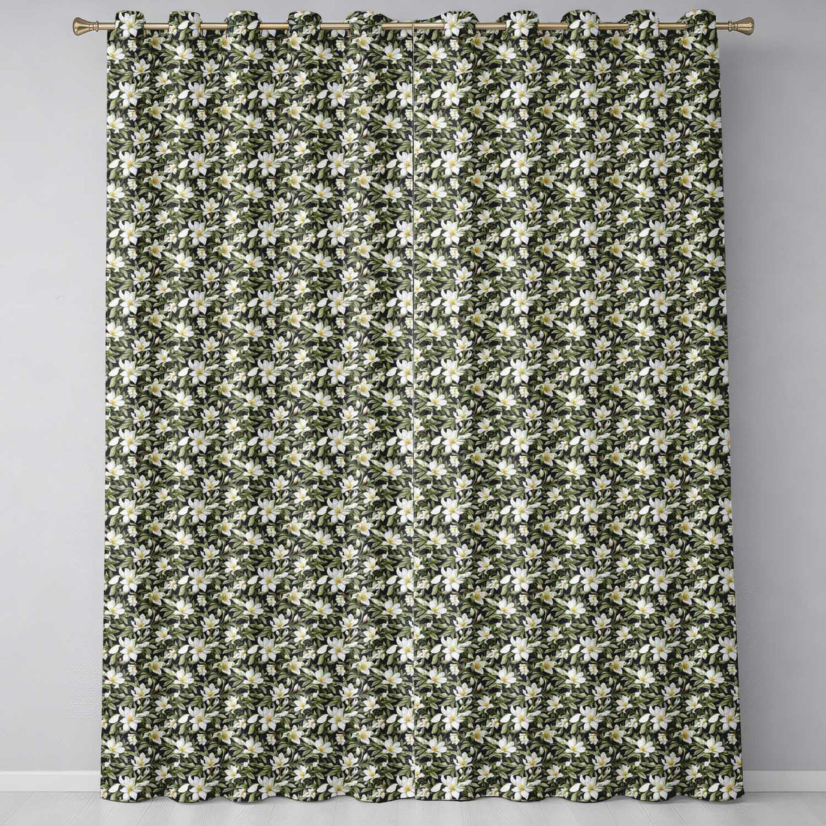 Dark Background Magnolia Style White Flowers with Green Foliage  Readymade Eyelet Ring Top Thermal 100% Blackout Curtains
