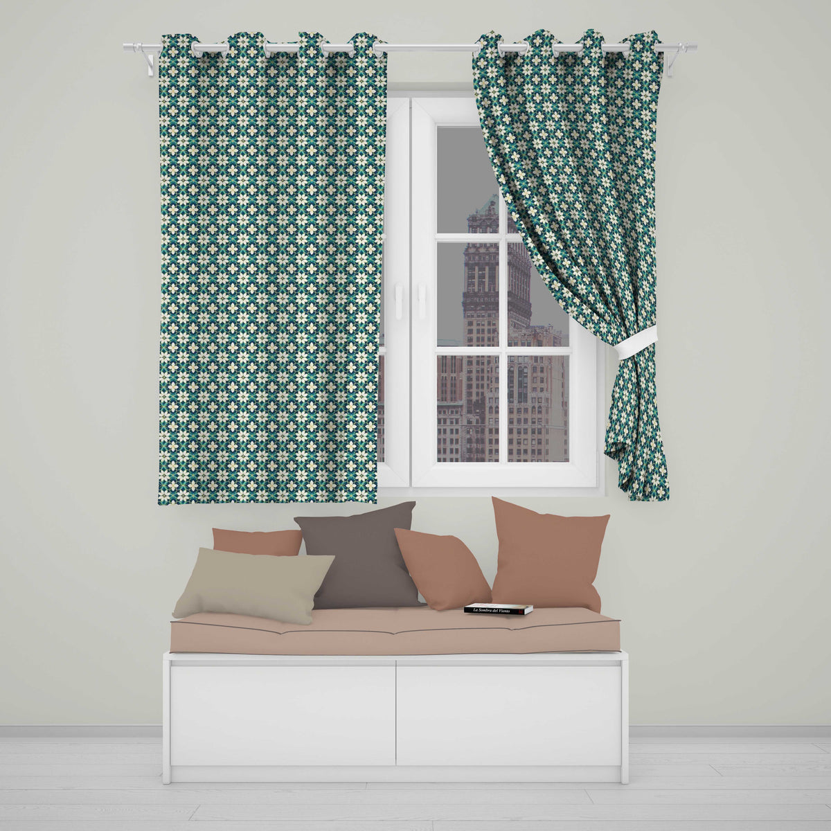Elegant White Floral Lattice on Teal Geometric Background Seamless  Readymade Eyelet Ring Top Thermal 100% Blackout Curtains
