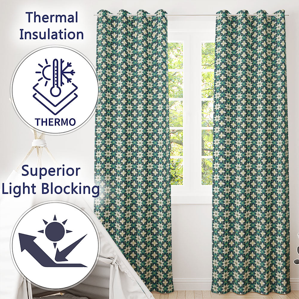 Elegant White Floral Lattice on Teal Geometric Background Seamless  Readymade Eyelet Ring Top Thermal 100% Blackout Curtains