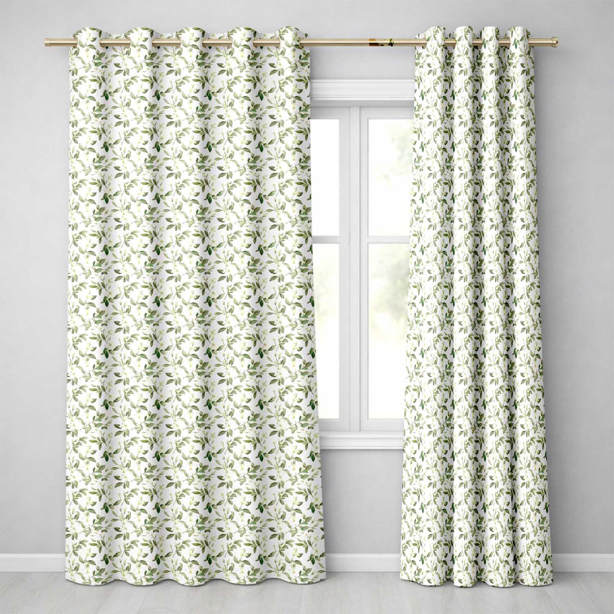 Elegant White Blossom Floral Branch  on Soft Neutral Background Seamless  Readymade Eyelet Ring Top Thermal 100% Blackout Curtains