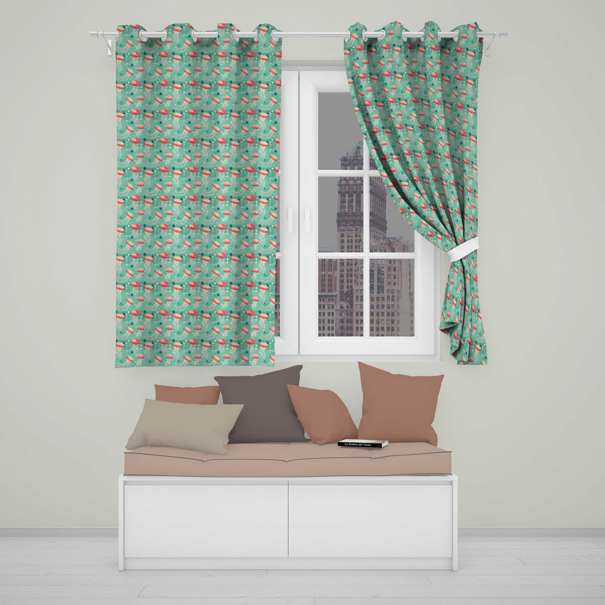Red Jellyfish Cartoon Style on Teal Background Seamless Marine  Readymade Eyelet Ring Top Thermal 100% Blackout Curtains