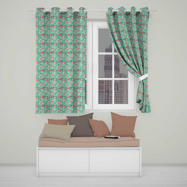 Red Jellyfish Cartoon Style on Teal Background Seamless Marine  Readymade Eyelet Ring Top Thermal 100% Blackout Curtains