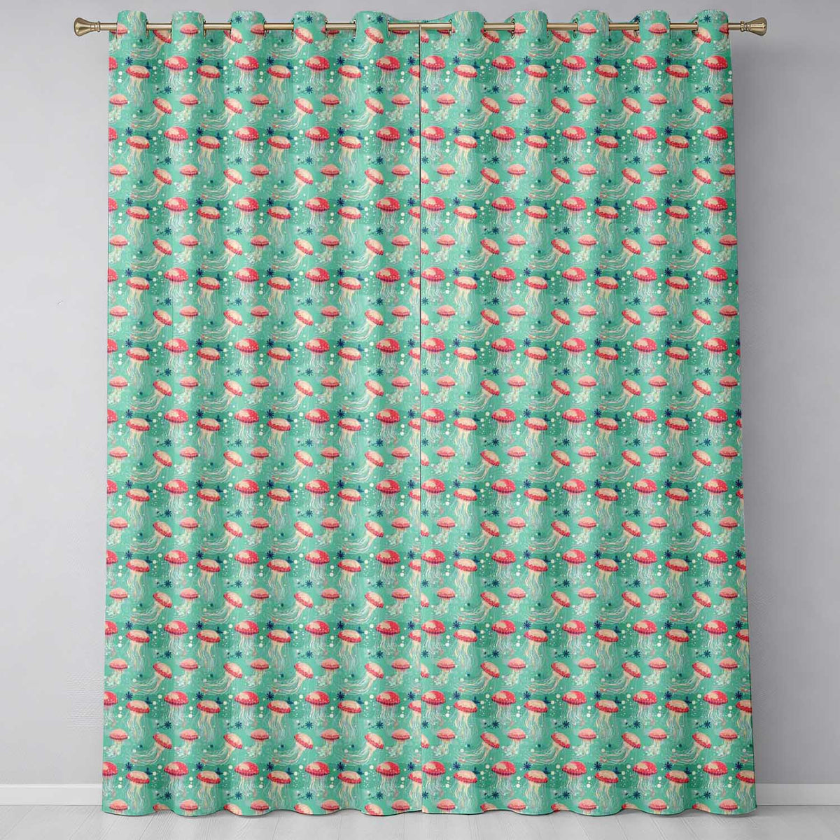 Red Jellyfish Cartoon Style on Teal Background Seamless Marine  Readymade Eyelet Ring Top Thermal 100% Blackout Curtains