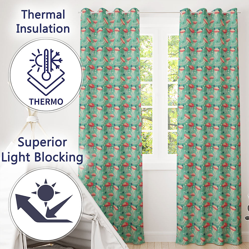Red Jellyfish Cartoon Style on Teal Background Seamless Marine  Readymade Eyelet Ring Top Thermal 100% Blackout Curtains