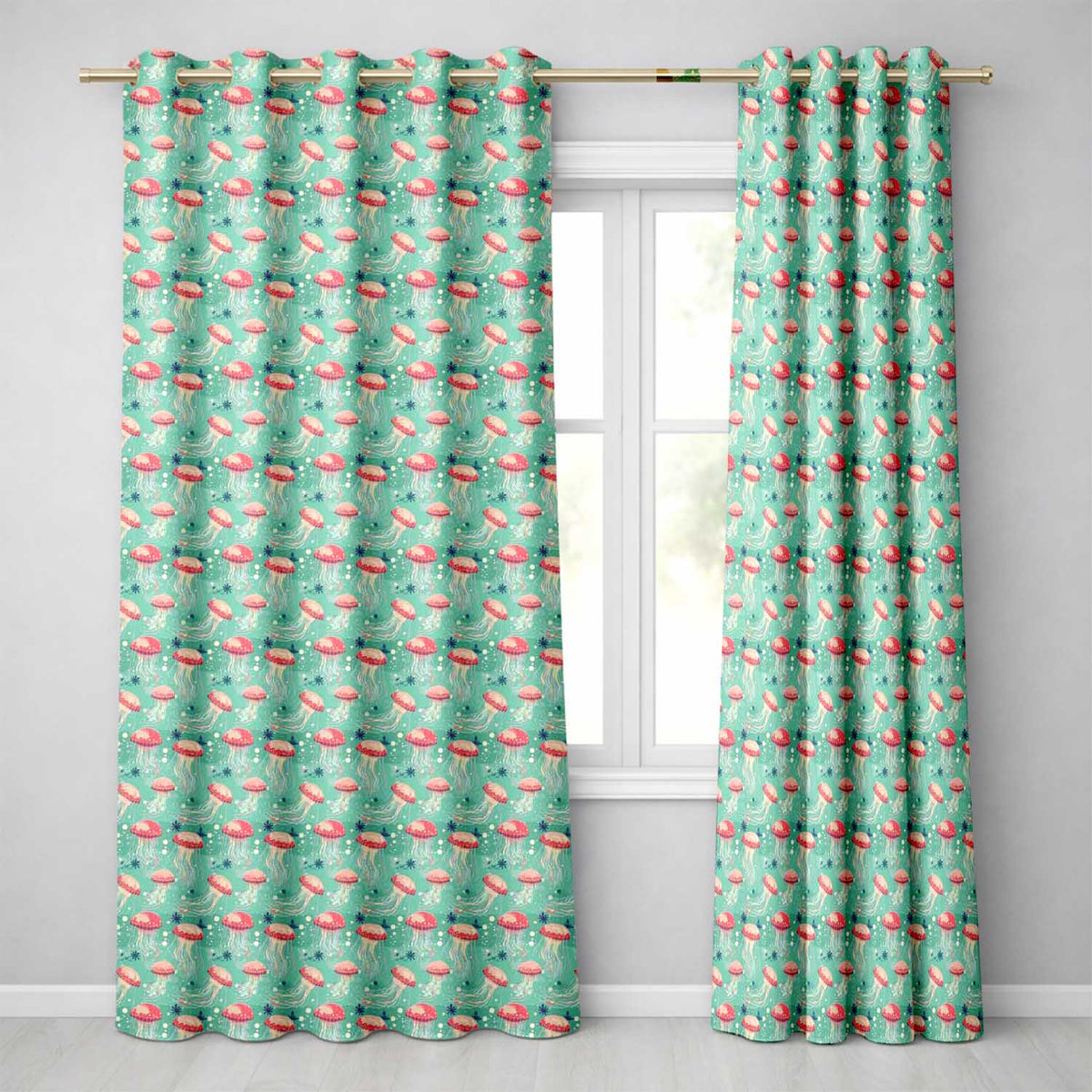 Red Jellyfish Cartoon Style on Teal Background Seamless Marine  Readymade Eyelet Ring Top Thermal 100% Blackout Curtains