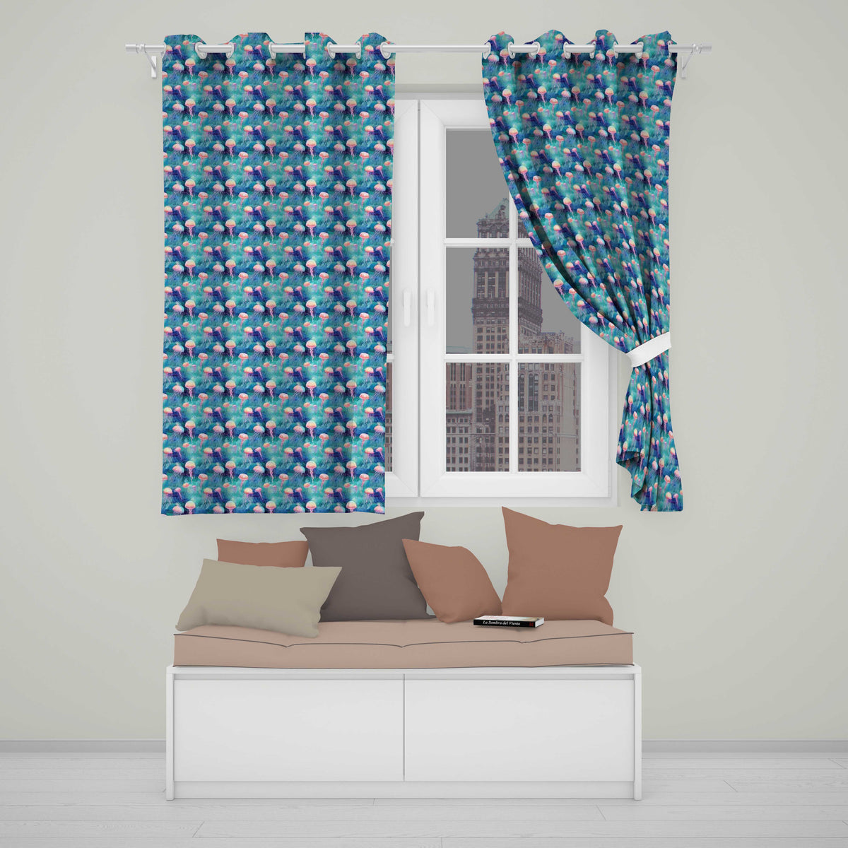 Dreamy Pink Jellyfish Floating in Turquoise Water Seamless  Readymade Eyelet Ring Top Thermal 100% Blackout Curtains