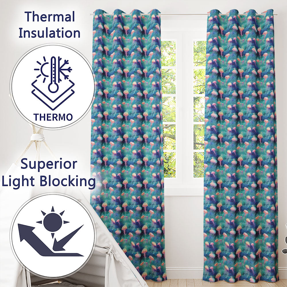 Dreamy Pink Jellyfish Floating in Turquoise Water Seamless  Readymade Eyelet Ring Top Thermal 100% Blackout Curtains