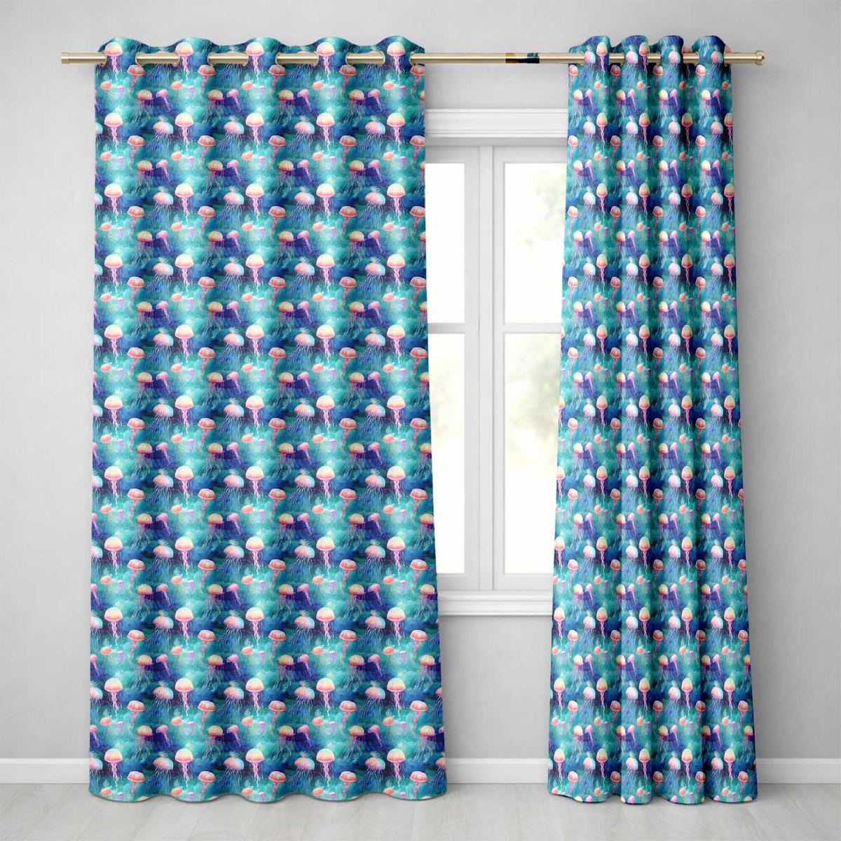 Dreamy Pink Jellyfish Floating in Turquoise Water Seamless  Readymade Eyelet Ring Top Thermal 100% Blackout Curtains