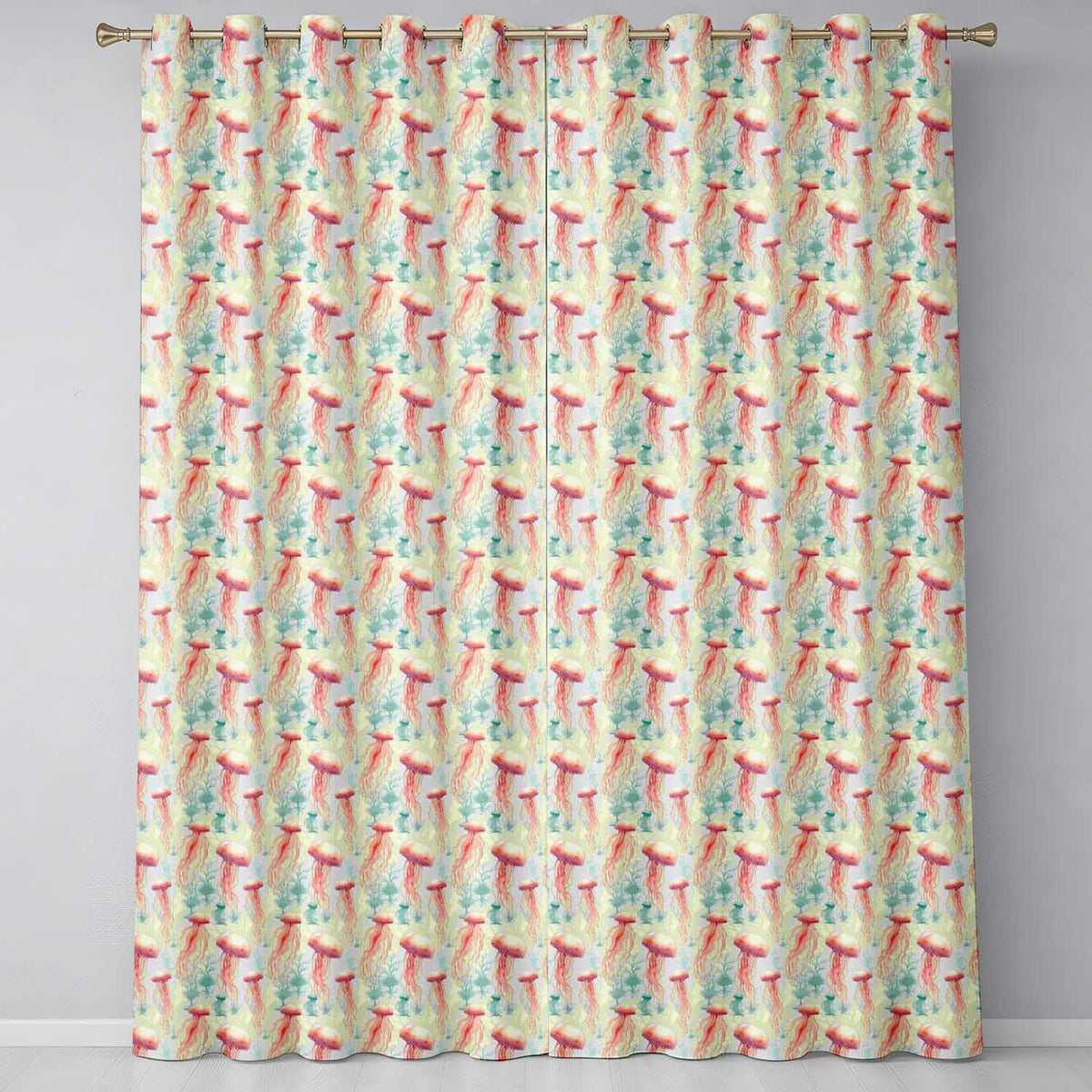 Orange Jellyfish Cartoon  on Deep Sea Background Seamless  Readymade Eyelet Ring Top Thermal 100% Blackout Curtains