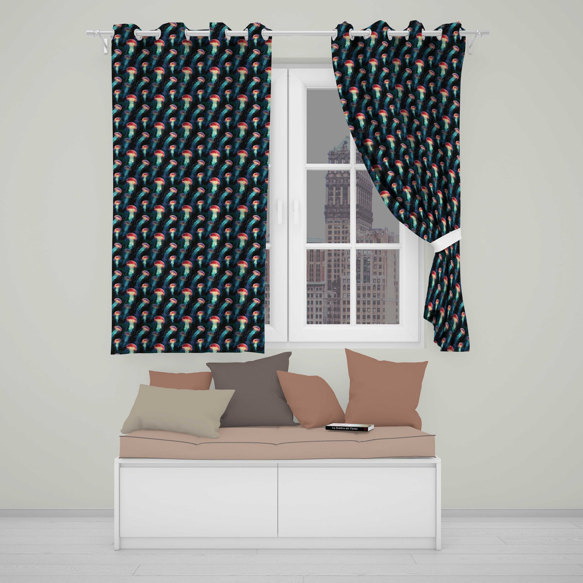 Luminous Red Jellyfish Floating in Dark Ocean Seamless Marine  Readymade Eyelet Ring Top Thermal 100% Blackout Curtains