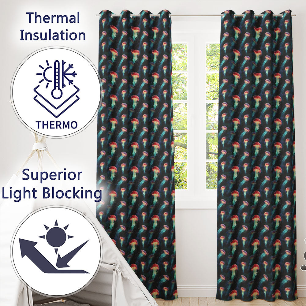 Luminous Red Jellyfish Floating in Dark Ocean Seamless Marine  Readymade Eyelet Ring Top Thermal 100% Blackout Curtains