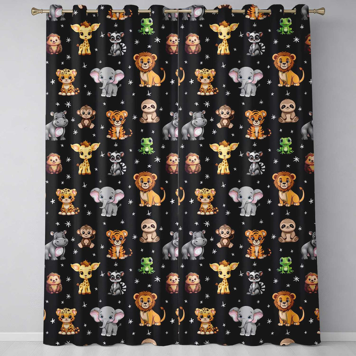 Cartoon Safari Animals with Stars on Black Background Nursery  Readymade Eyelet Ring Top Thermal 100% Blackout Curtains