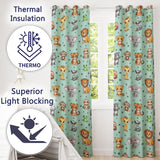 Cartoon Safari Animals with Stars on Mint Background Nursery  Readymade Eyelet Ring Top Thermal 100% Blackout Curtains