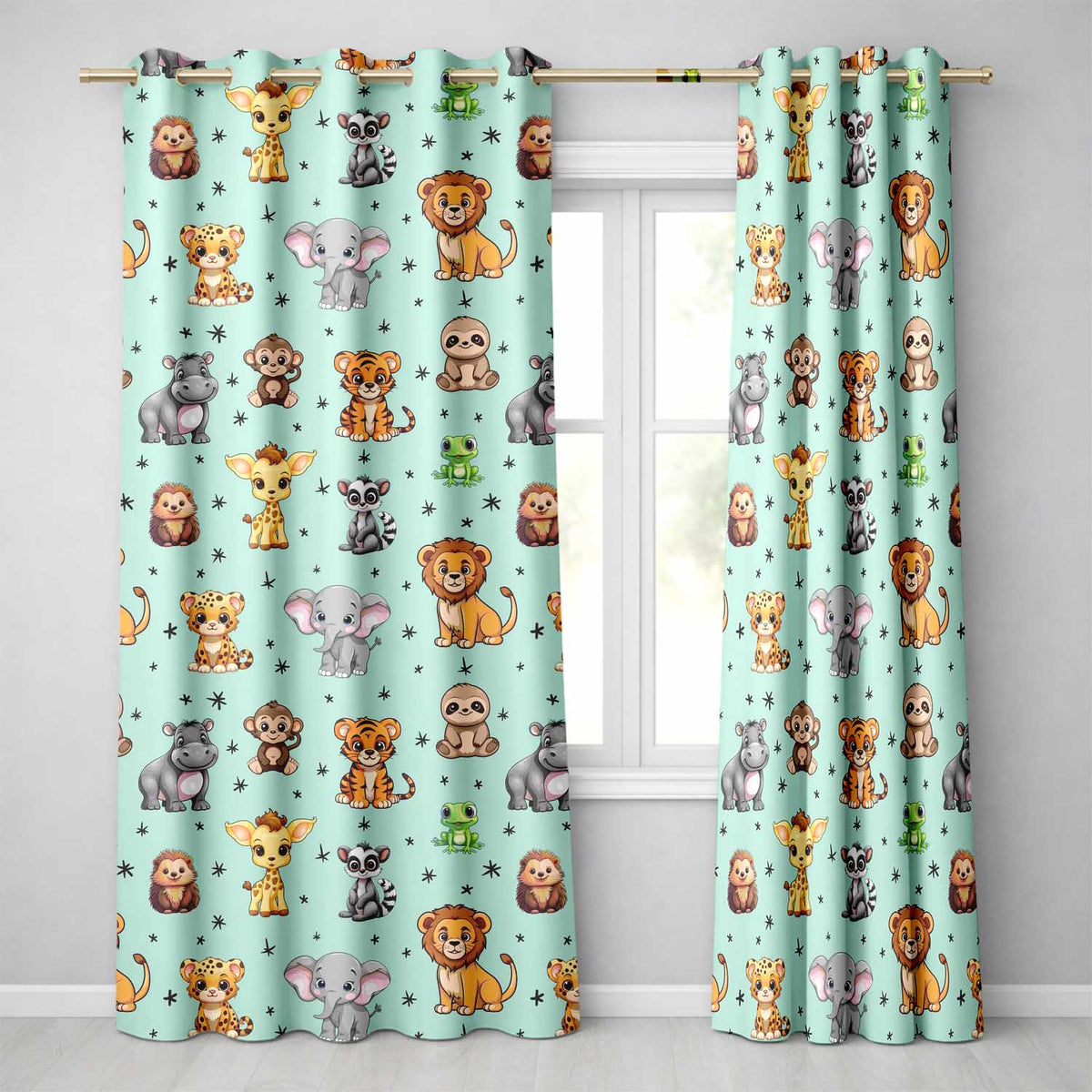 Cartoon Safari Animals with Stars on Mint Background Nursery  Readymade Eyelet Ring Top Thermal 100% Blackout Curtains