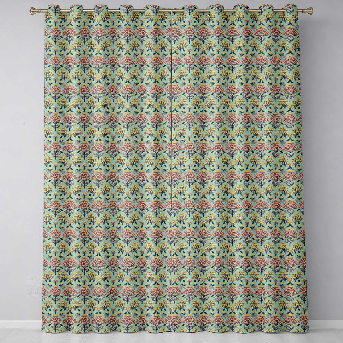 Floral Botanical Bush  with Yellow and Coral Blossoms Seamless Design  Readymade Eyelet Ring Top Thermal 100% Blackout Curtains
