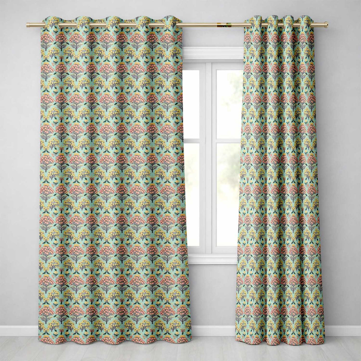 Floral Botanical Bush  with Yellow and Coral Blossoms Seamless Design  Readymade Eyelet Ring Top Thermal 100% Blackout Curtains