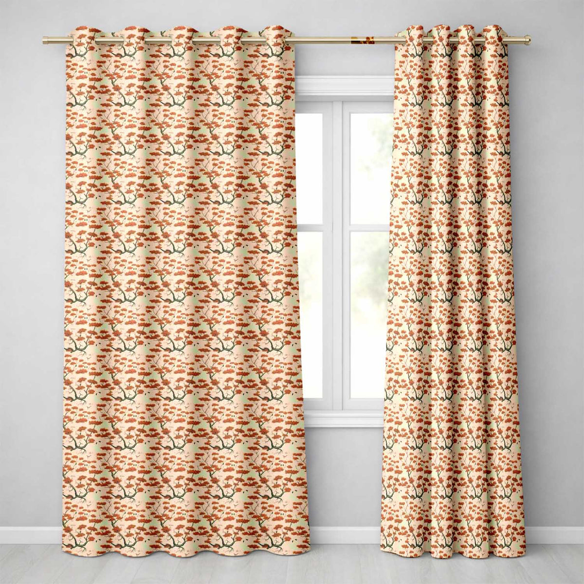 Elegant Oriental Style Red Blossom Trees Seamless  on Cream Background  Readymade Eyelet Ring Top Thermal 100% Blackout Curtains