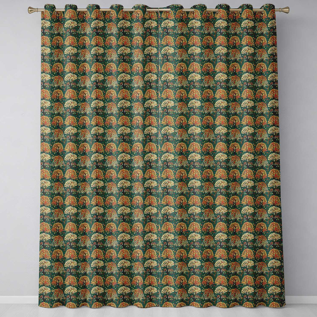 Decorative Autumn Trees in Teal and Orange Folk Art Style  Readymade Eyelet Ring Top Thermal 100% Blackout Curtains