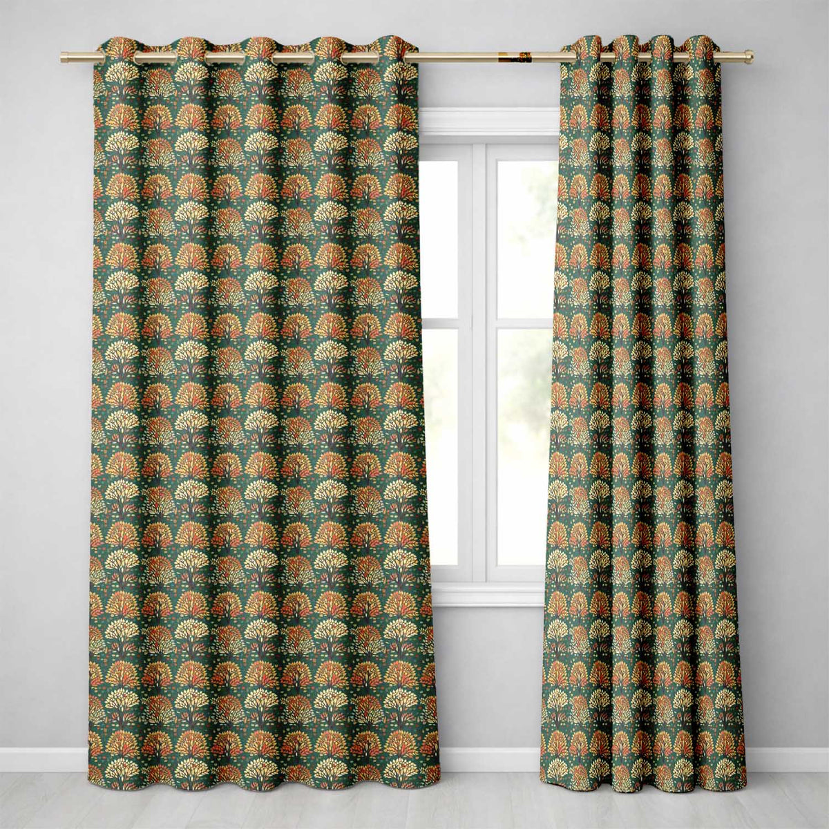 Decorative Autumn Trees in Teal and Orange Folk Art Style  Readymade Eyelet Ring Top Thermal 100% Blackout Curtains