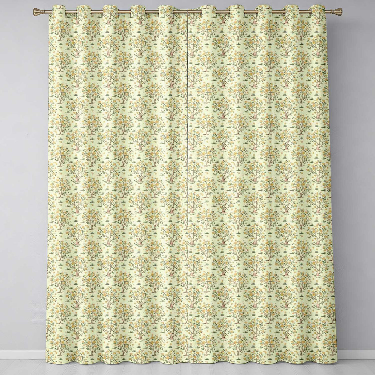 Vintage Floral Tree Design with Yellow Blossoms on Cream Background  Readymade Eyelet Ring Top Thermal 100% Blackout Curtains