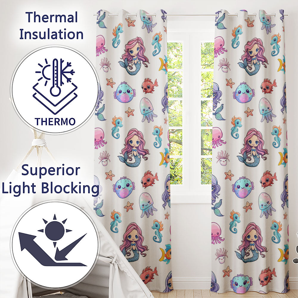 Cartoon Mermaid with Sea Creatures on Light Background Kids Design  Readymade Eyelet Ring Top Thermal 100% Blackout Curtains