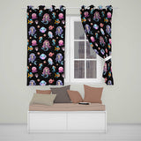 Cartoon Mermaid with Sea Creatures on Black Background Kids Design  Readymade Eyelet Ring Top Thermal 100% Blackout Curtains