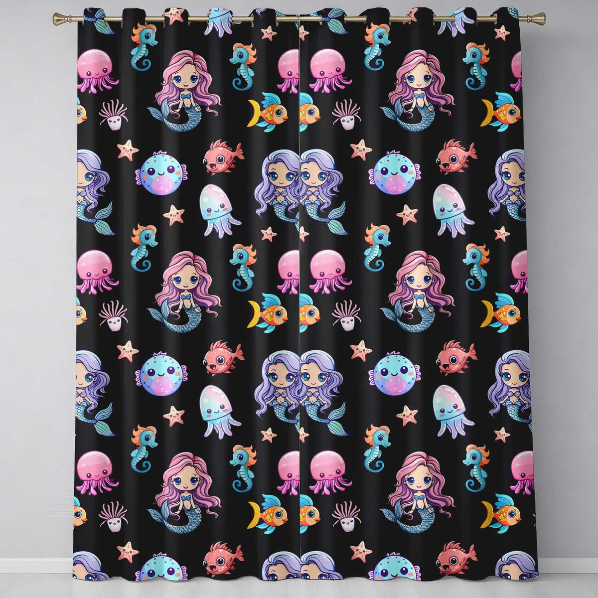 Cartoon Mermaid with Sea Creatures on Black Background Kids Design  Readymade Eyelet Ring Top Thermal 100% Blackout Curtains