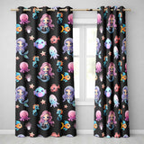 Cartoon Mermaid with Sea Creatures on Black Background Kids Design  Readymade Eyelet Ring Top Thermal 100% Blackout Curtains