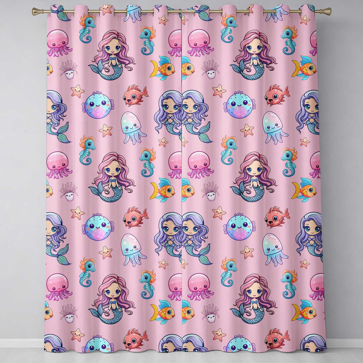 Cartoon Mermaid with Sea Creatures on Pink Background Playful Design  Readymade Eyelet Ring Top Thermal 100% Blackout Curtains