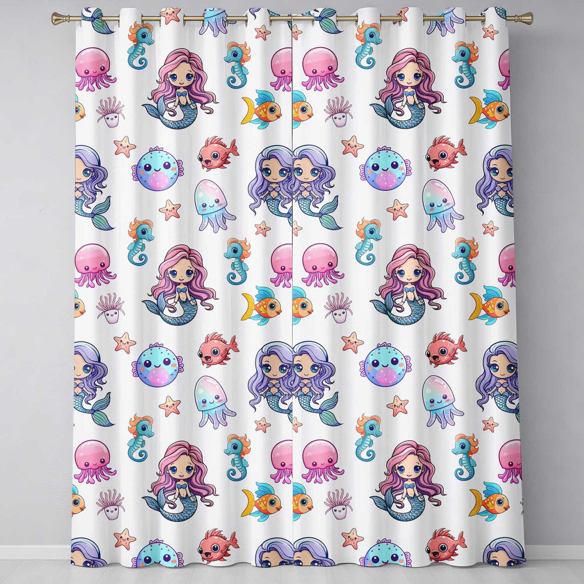 Kawaii Mermaid and Sea Creatures Seamless Ocean  on White Background  Readymade Eyelet Ring Top Thermal 100% Blackout Curtains