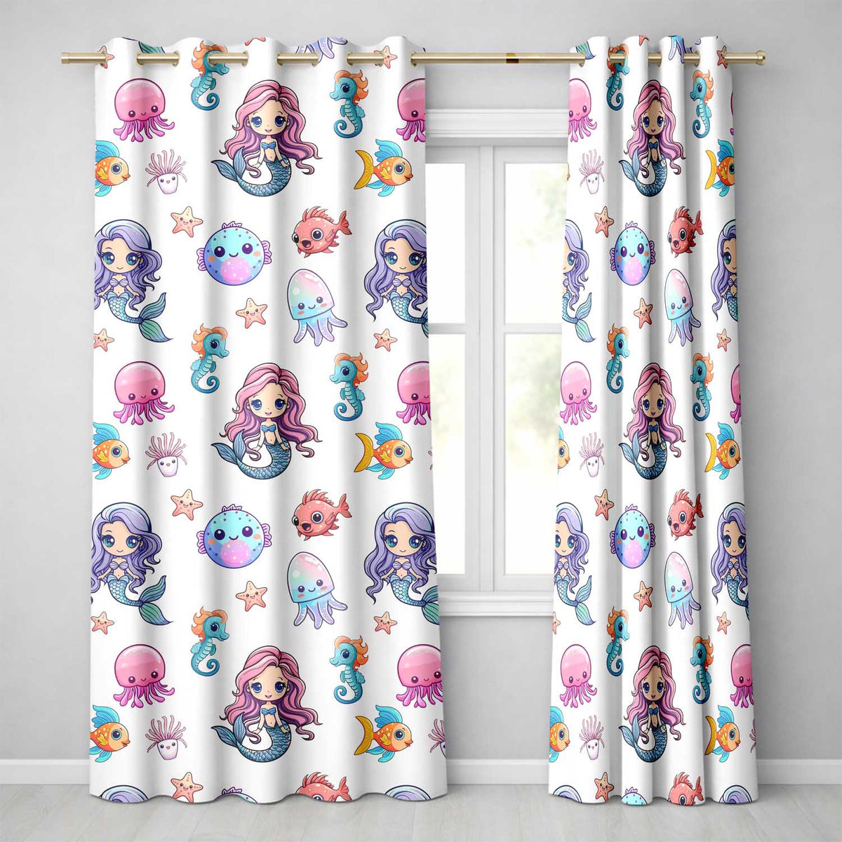 Kawaii Mermaid and Sea Creatures Seamless Ocean  on White Background  Readymade Eyelet Ring Top Thermal 100% Blackout Curtains
