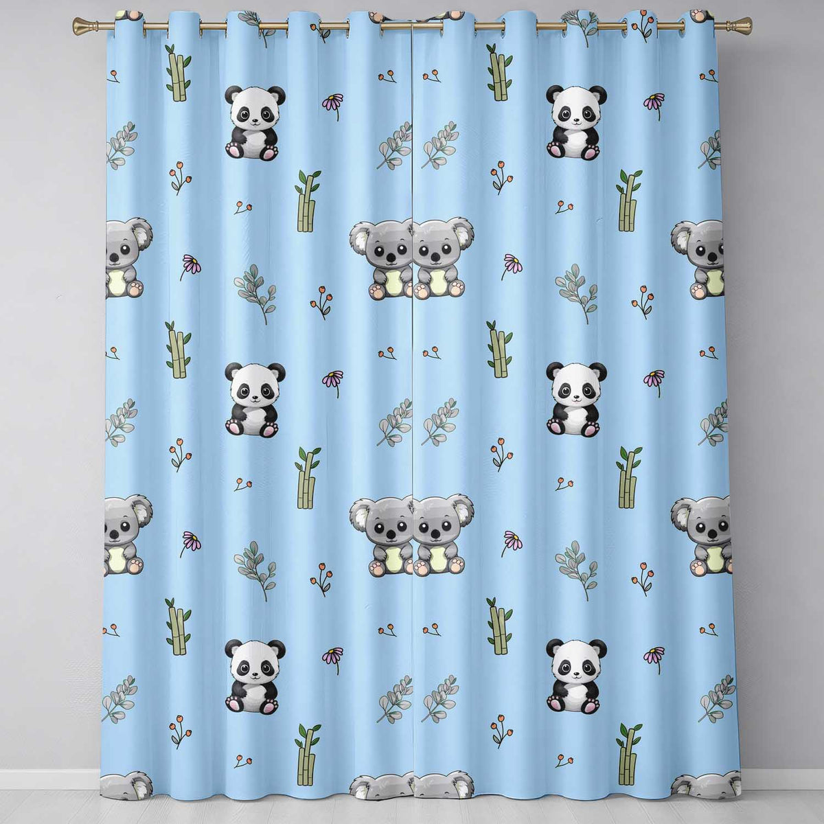 Panda Bamboo and Floral Minimal Seamless  on Blue Background  Readymade Eyelet Ring Top Thermal 100% Blackout Curtains